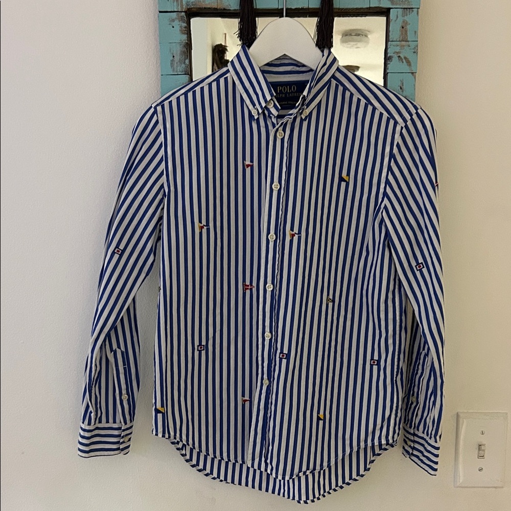Polo by Ralph Lauren Blue and White Striped Shirt size 10-12 boy